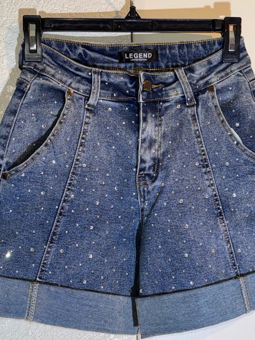 Legend Blue Denim Rhinestone Cuffed Jean Shorts